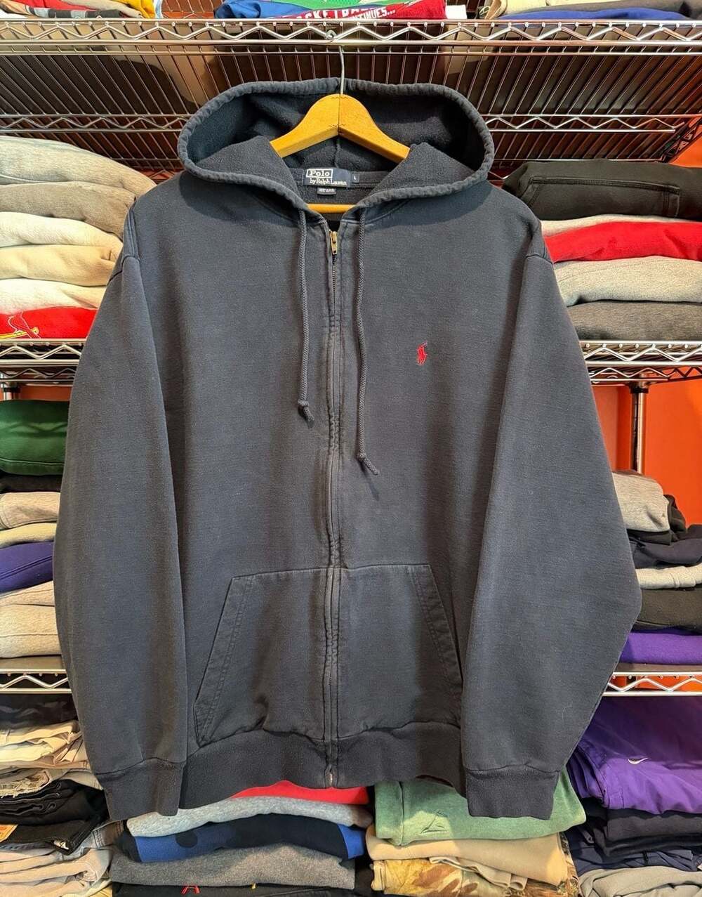 Polo Ralph Lauren Full Zip Hoodie Large Black Red Pony Vintage 90s Made in Peru
